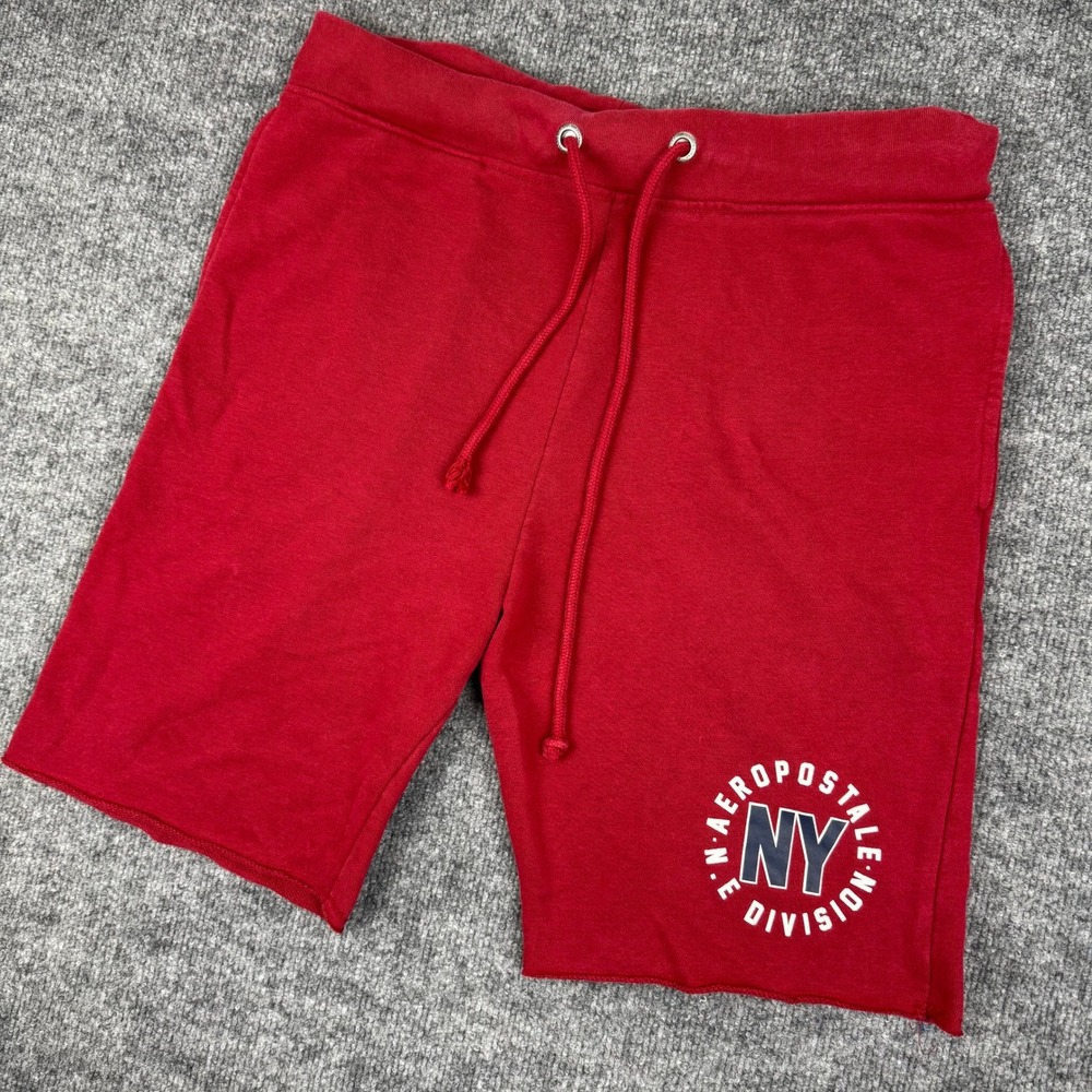 Aeropostale Mens Red NY Graphic Sweat Shorts Raw Hem Casual Cozy Size Medium